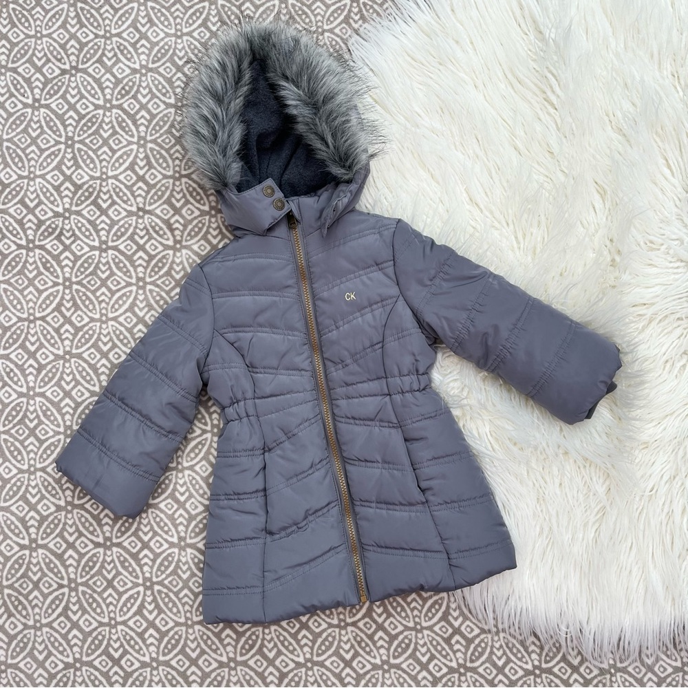 Calvin Klein Toddler Girls Long Hooded Gray Puffer Jacket w/ Fleece Lining 2T